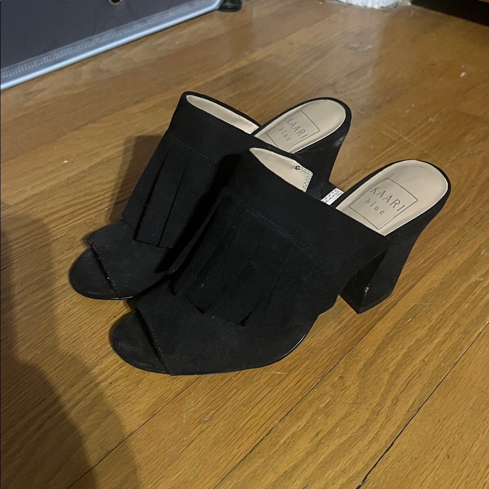 Kaari Blue Black Suede Fringe Mules